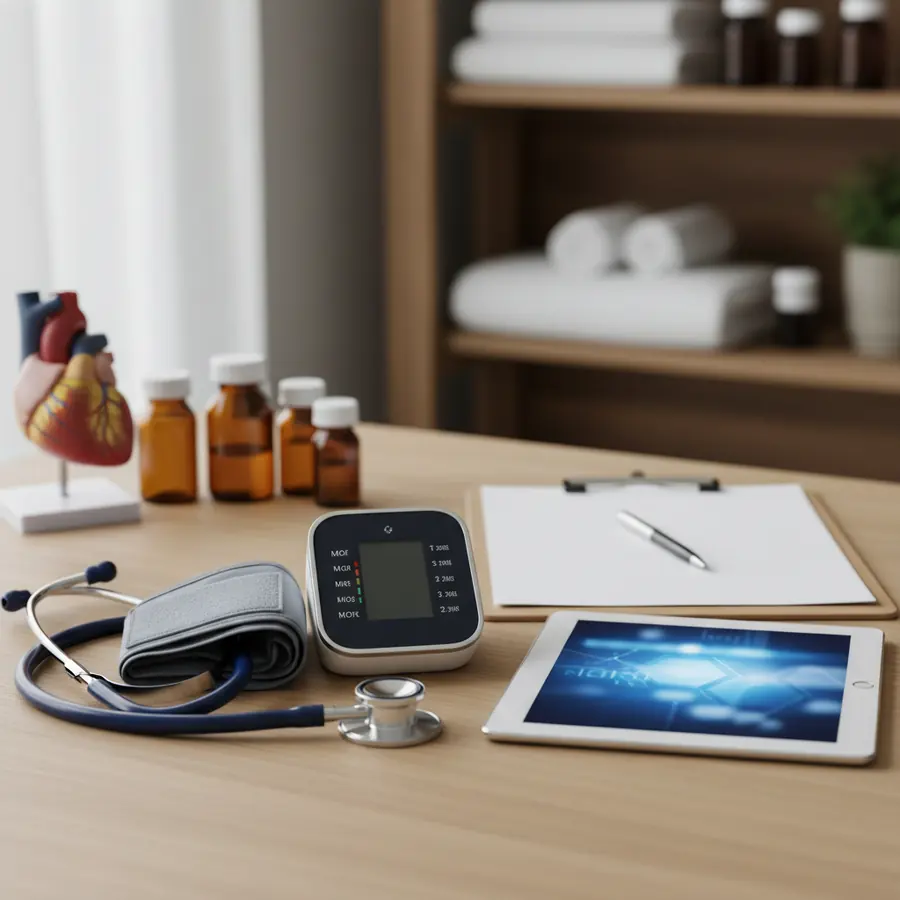 Blood pressure monitor and stethoscope used for chronic disease management at a West El Paso primary care office