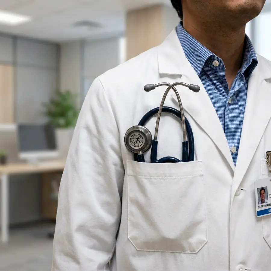 Family physician in a white coat with a stethoscope before a preventive care visit in El Paso
