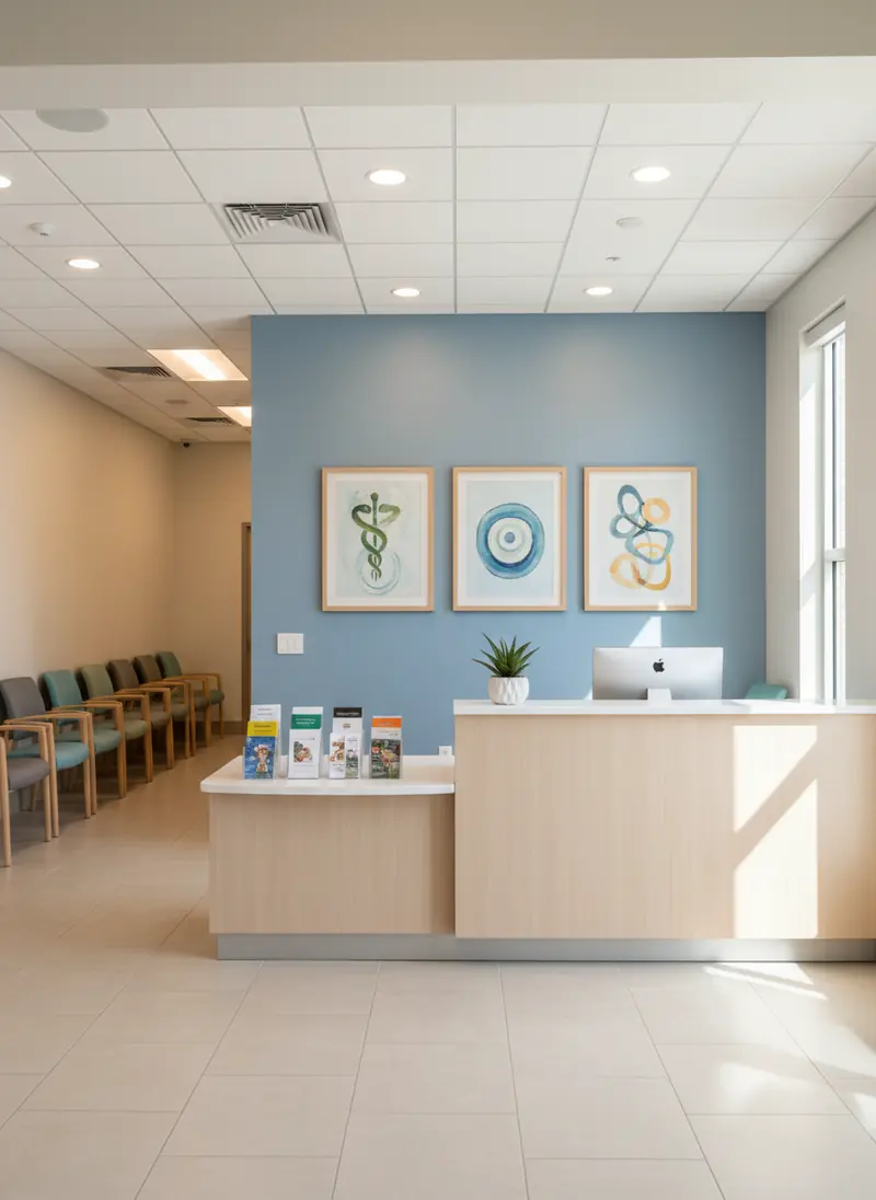 Front desk and waiting area at Rising Sun Family Primary Care, 210 Thunderbird Dr. Ste. W, El Paso, TX