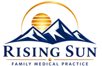 Rising Sun Family Primary Care logo with mountains and a rising sun